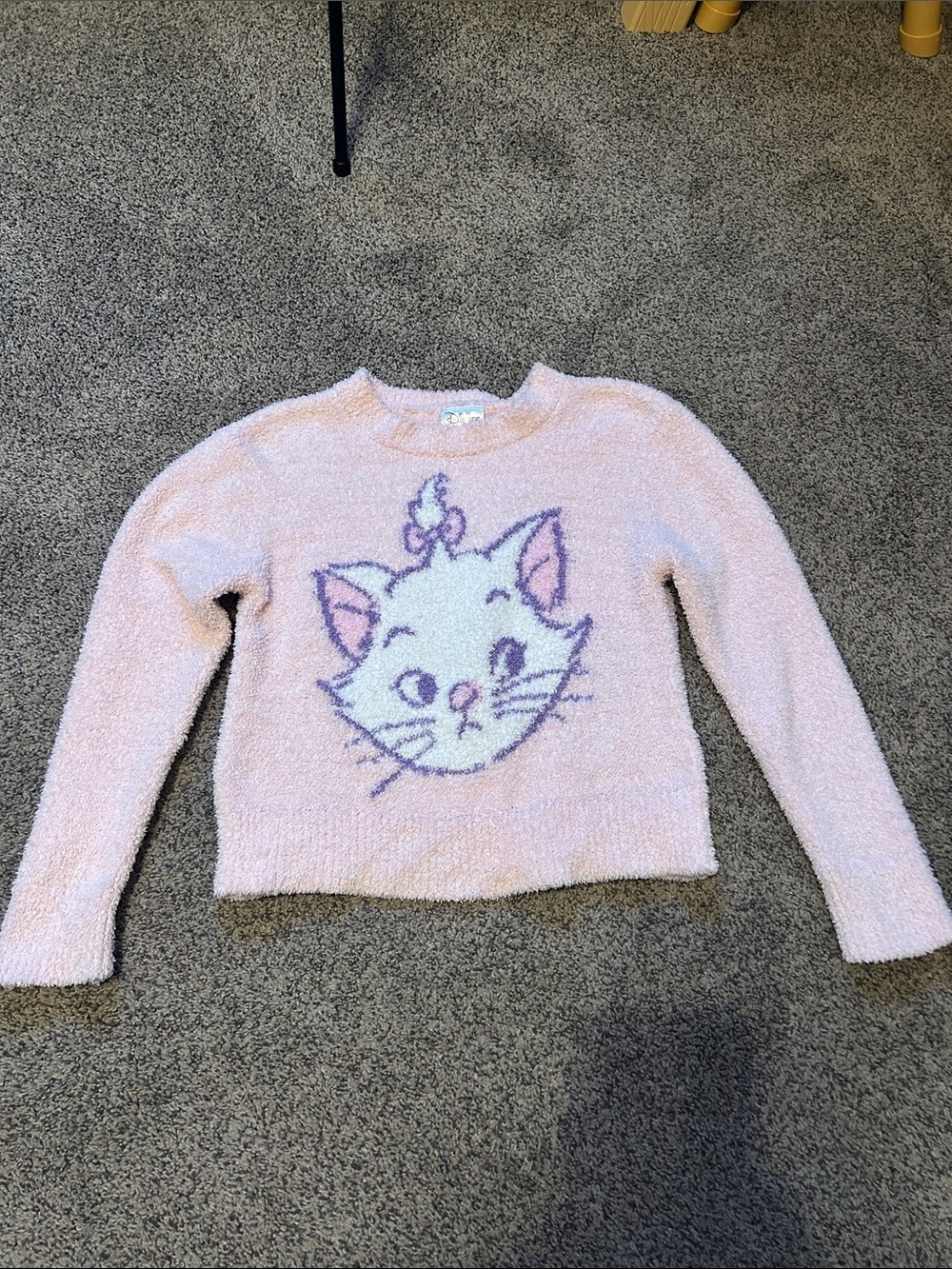 Disney Pink Fuzzy Crewneck Sweater with Cat Graphic